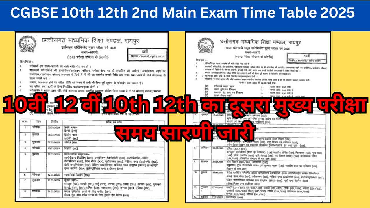 CGBSE 10th 12th 2nd Main Exam Time Table 2025,OUT यहाँ देखें अपना समय सारणी